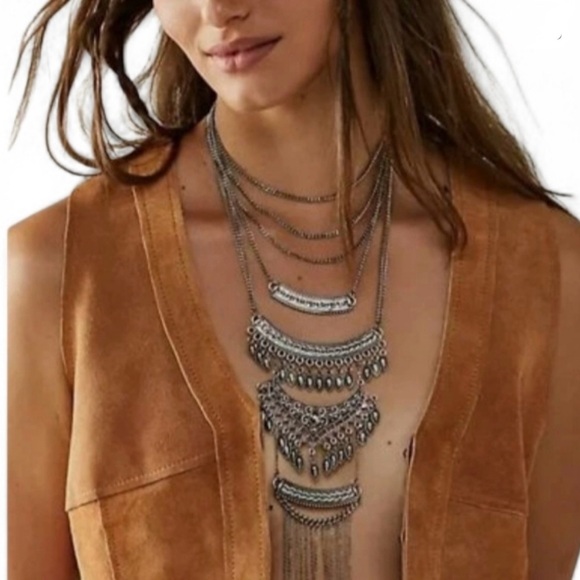 FREE PEOPLE | Multi-Layer Boho ‘Rapture’ Gold-Tone Bib Statement Necklace | NWT - Picture 2 of 9
